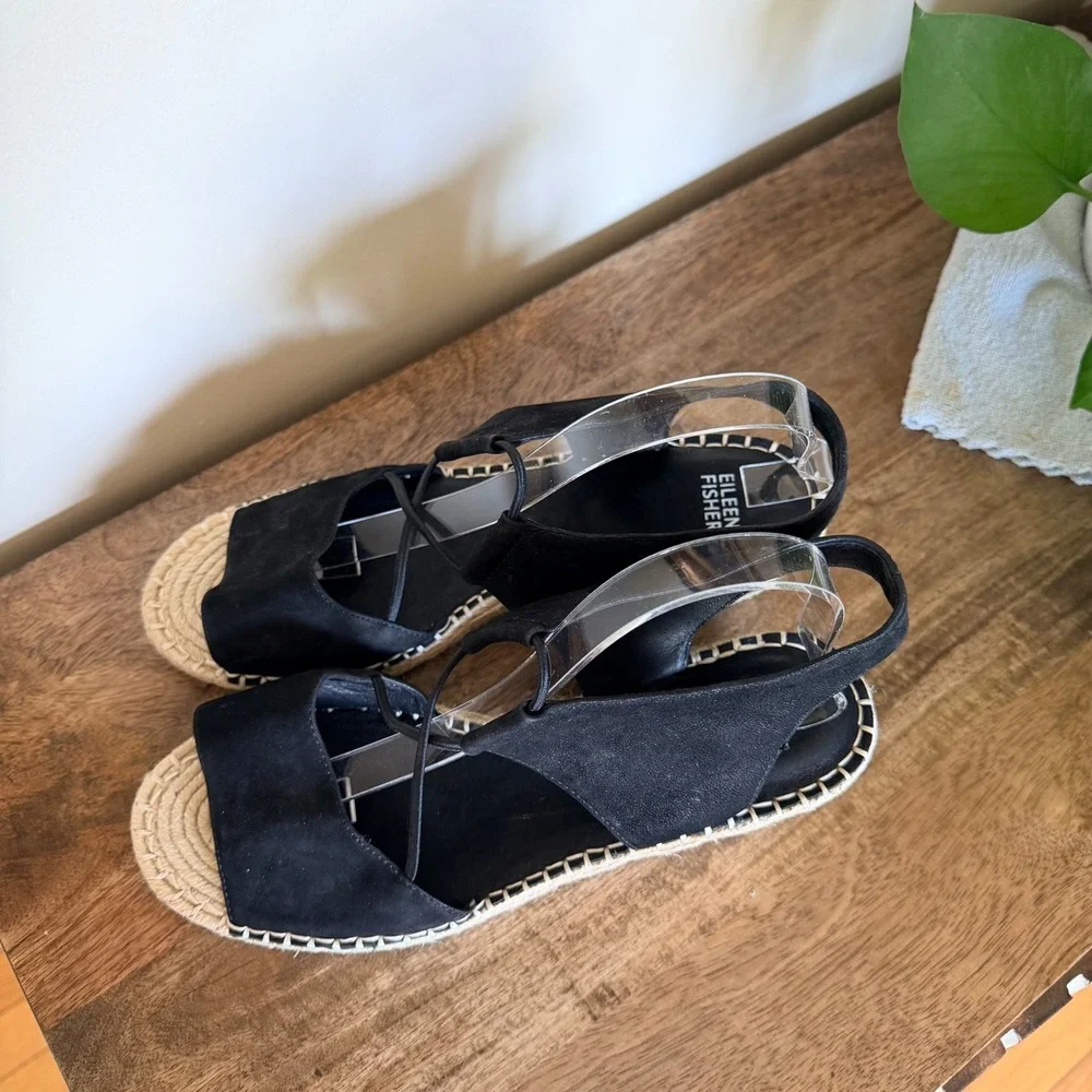 Eileen Fisher Agnes Espadrille Wedge Sandal Size 10 Black Suede Summer Boho Chic